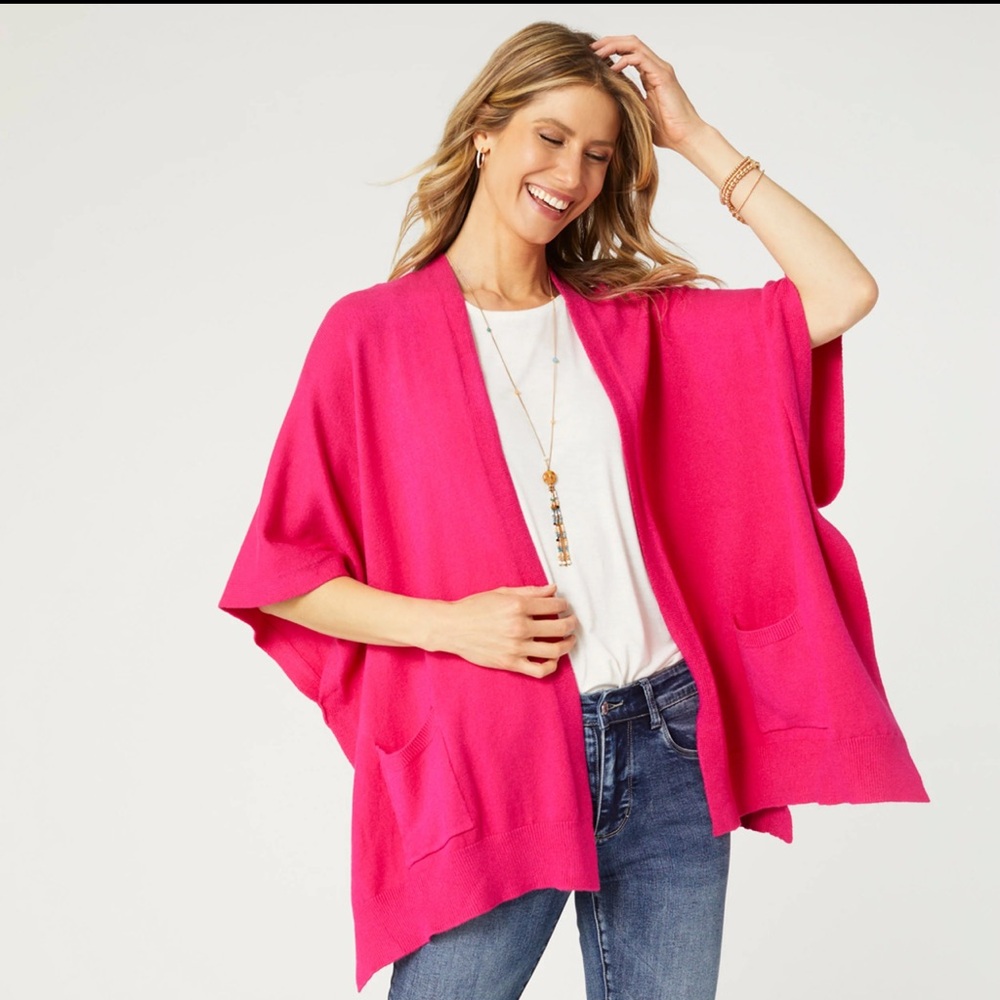 Coco + Carmen Alani Lightweight Cardigan with pockets.  In bright pink OS.